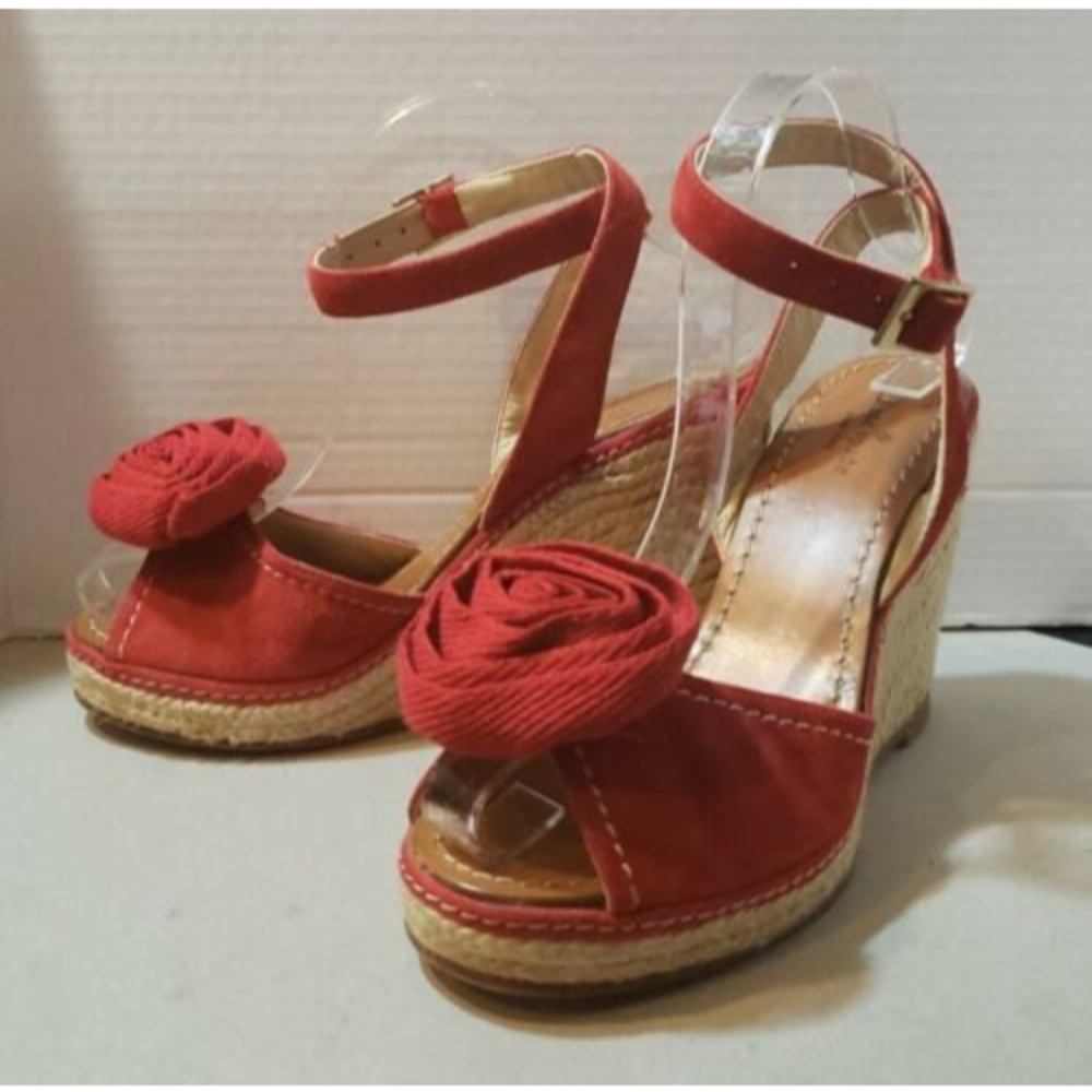 Kate Spade Brit Red Suede Rose Floral Ankle Strap Espadrille Wedges Women's 8